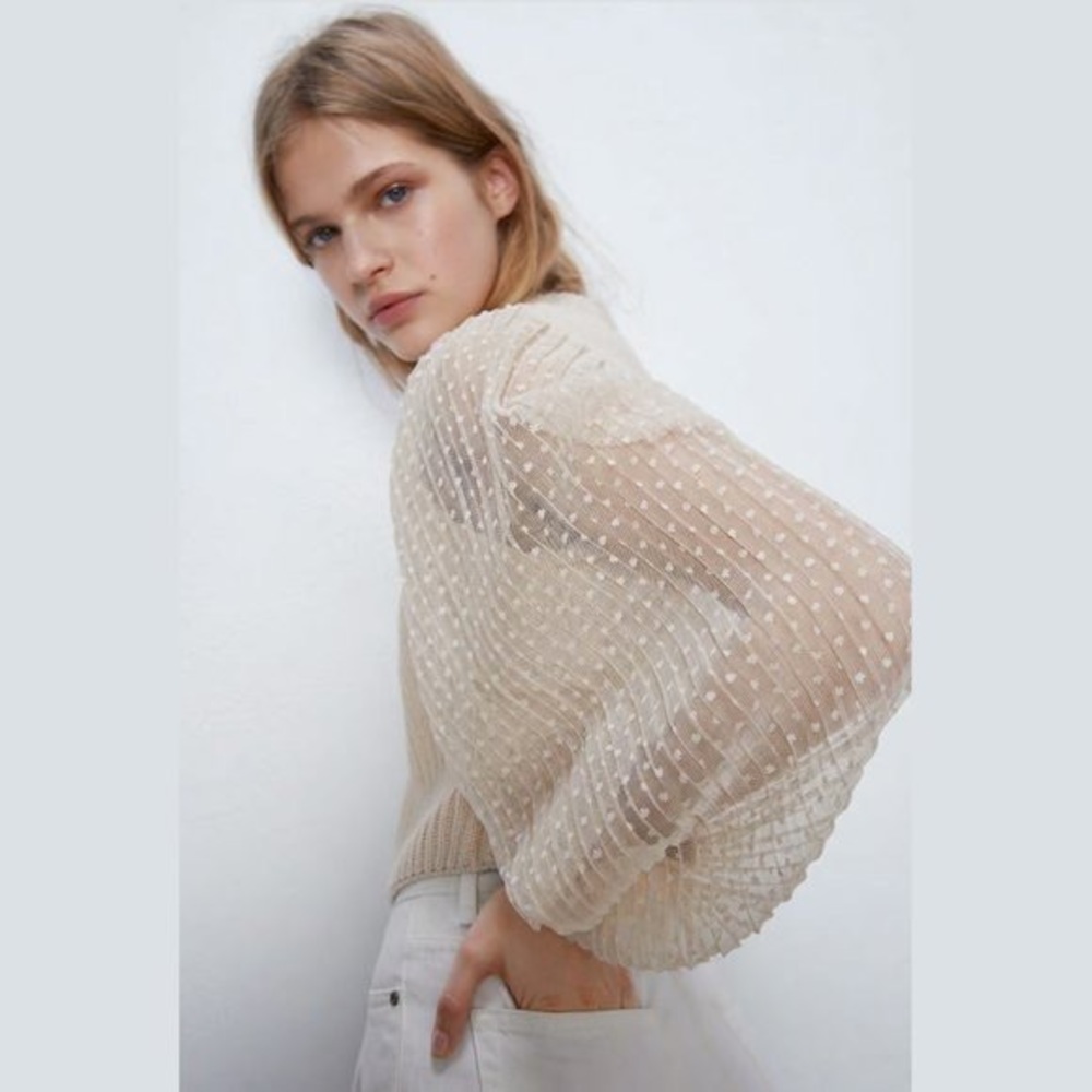 Zara cream sweater with mesh polka dot sleeves